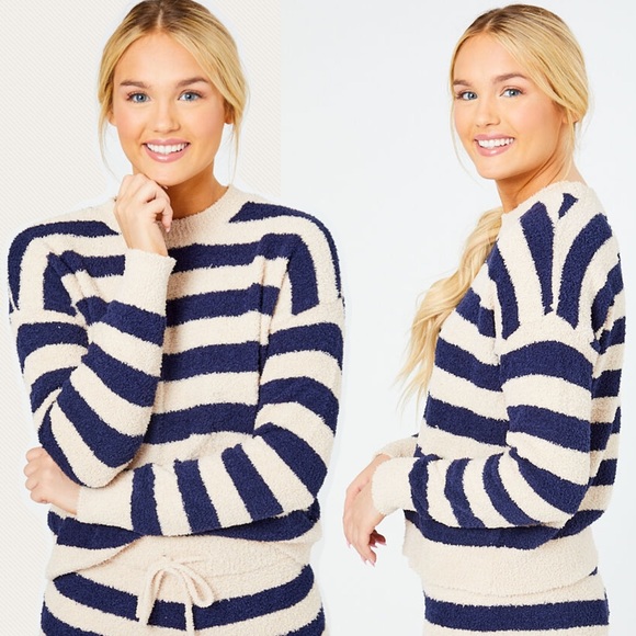 Honey Striped Navy Cream Sweater L NEW - Picture 5 of 5